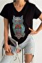 Women's Black Owl Pattern Sequin Embroidered Large Size 100% Cotton T-Shirt Xl-2Xl-3Xl - 6