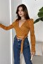 Aleg2028 Double Breasted Neck Waist Tie Crop Blouse