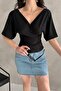Women's Moon Sleeve Double Breasted Collar Back Cross Band Detailed Blouse - 3