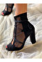 Happy Black Cow Suede Mesh Detail 10 cm Heel Summer Boots Sandals - 3