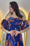 Women's Patterned Strapless Strapless Chest Draped Evening Dress with Detachable Sleeve Detail Cobalt Blue, Fuchsia - 4