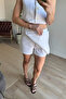 White Buttoned Linen Vest Shorts Skirt Suit - 5