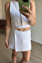 White Buttoned Linen Vest Shorts Skirt Suit - 6
