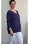 Navy Blue V-Neck Skirt Sleeve Cuff Long Sleeve Bat Sleeve Combed Viscose T-Shirt - 2