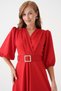 Women's Stretchy Crepe Fabric Short Balloon Sleeve V Neck Belted Midi Length Flared Cut Red Dress 3602 - 5