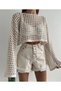 Women's Cream Openwork Knit Crop Sweater Spanish Sleeve Fishnet Knitwear Blouse - 2