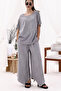 Women's Gray Feather Pattern Embroidered Elastic Waist Pocket Wide Leg Linen Trousers - 3