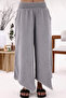 Women's Gray Feather Pattern Embroidered Elastic Waist Pocket Wide Leg Linen Trousers - 2