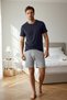 Navy Blue - Gray Melange Slim Fit Dowry Deer Embroidered Shorts Knitted Pajama Set Tmnss25Pt00070