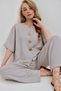 Women's Gray V-Neck Metal Gold Button Detail Aerobin Linen Blouse and Trousers Set ALC-X14122