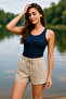 Women's Beige Tie Detailed Mini Linen Shorts - 2