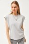 100% Cotton Women's Stone Color Wadding Look Bat Crew-Neck T-Shirt with Underarm Sequins - 3
