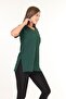 100% Cotton Women's Emerald Green V-Neck Asymmetrical Combed Cotton Knitted T-Shirt Tunic with Side Slits