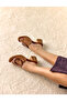 100% Genuine Leather Buckle Detailed Tan Women's Slippers - 2