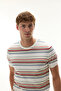 Men's Ecru Striped Crew Neck Short Sleeve Knit Sweater