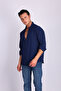 Dark Blue Ayrobin Textured Owersize Linen Men's Shirt - 3