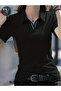 Women's Polo Neck Patched Striped Short Sleeve Body T-Shirt Summer Lycra Tight - 3