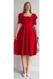 Women's Design Crepe Fabric Square Neck Short Sleeve Midi Length Red Evening Dress 080 - 3