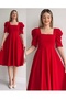 Women's Design Crepe Fabric Square Neck Short Sleeve Midi Length Red Evening Dress 080 - 2