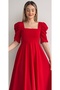 Women's Design Crepe Fabric Square Neck Short Sleeve Midi Length Red Evening Dress 080 - 4