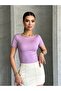 Women's Boat Neck Lilac Short Sleeve Blouse