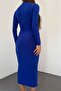 Long Sleeve, Flexible Sandy Fabric, High Collar, Transparent Low-cut Midi Length Cobalt Blue Evening Dress 10957 - 3