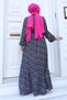 Floral Viscose Long Modest Dress with Ruffle Detail on Front Tsd240614 Black - 5