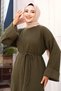 Tie-Up Waist Low-Sleeve Knit Long Dress Tsd240708 Green - 2