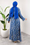 Patterned Viscose Long Hijab Dress with Elastic Waist Tsd250102 Indigo - 5