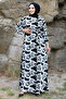 Block Patterned Viscose Long Hijab Dress with Belt on the Waist Tsd240922 White - 3
