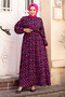 Elastic Waist Small Rose Patterned Viscose Long Hijab Dress Tsd240611 Pink - 4