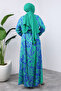 Leaf Patterned Viscose Long Hijab Dress Tsd240937 Blue - 5