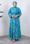 Leaf Patterned Viscose Long Hijab Dress Tsd240937 Blue - 4