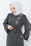 Handle Bead Embroidered Belted Hijab Ferace TSD240203 Anthracite - 2