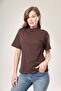 100% Organic Cotton Women's Brown Basic Ribbed High Neck Knitted T-Shirt Half Fisherman - 7