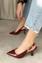 Burgundy Patent Leather Buckle Women's Pointed Heeled Shoes - 4