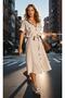 Women's Beige Wrinkle-Free Safari Pocket Belted Airobin Short Sleeve Buttoned Casual Long Shirt Dress 4045320