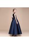 Girls' Dark Blue Crew Neck Velvet Evening Dress Skirt Satin Dress - 5