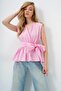 Women's Double Breasted Collar Skirt Flounced Self Belted Summer Poplin Blouse - 5