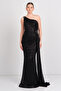Women's One Shoulder Full Stone Fish Form Evening Dress 5523 Black - 3