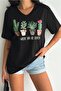 Women's Black 100% Cotton Plus Size T-Shirt V-Neck Cactus Sequins Embroidered
