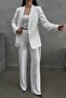 Women's Striped Belted Blazer Jacket Pants Suit - 8