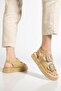Women's Wedge Heel Sandals Beige Double Strap Straw Material Stone Buckle - 2