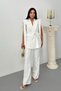 Women's Bottom Top Double Suit Striped Shoulder Detailed Belted Vest Pants Suit - 3