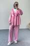 Ruffle Neck Tie-Up Tunic and Wide Leg Pants Set 8845 - Pink