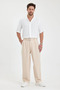 Summer Pleated Baggy Fit Pocket Belt Buckle Men's Fabric Trousers Beige - 2