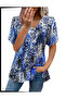 Sky Fashion Women's V-Neck Colorful Leopard Pattern Drawstring Detail Single Jersey Blouse - 3