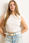 Women's White Crew Neck Pleated Crop Blouse Blz-19003036