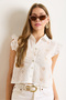 Women's White Baby Collar Crop Cotton Fisto Shirt Gml-19001361 - 3