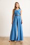 Women's Blue Buttoned Pocket Belted Wide Leg Jumpsuit Tlm-19000157 - 3